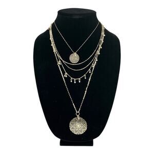 🆕 Express Gold Tone Layered Filigree Medallion Necklace Boho Statement New